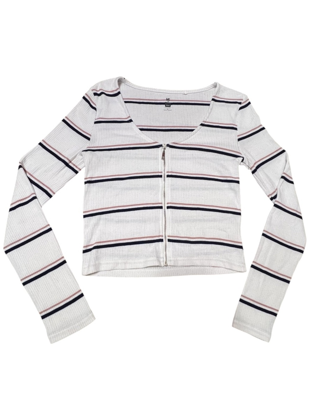 Me to We White Ribbed Zip-Front Long Sleeve Crop Top with Navy & Pink Stripes